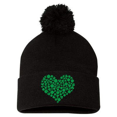 Heart Shamrock Lucky St Patricks Day Women Pom Pom 12in Knit Beanie