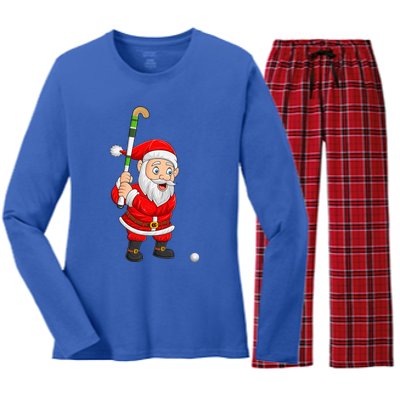 Hockey Sports Lover Santa Playing Hockey Christmas Gift Women's Long Sleeve Flannel Pajama Set 