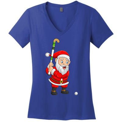 Hockey Sports Lover Santa Playing Hockey Christmas Gift Women's V-Neck T-Shirt