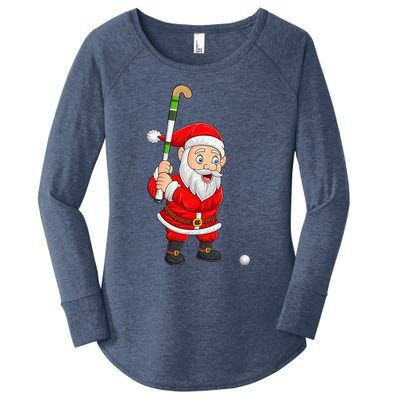 Hockey Sports Lover Santa Playing Hockey Christmas Gift Women's Perfect Tri Tunic Long Sleeve Shirt