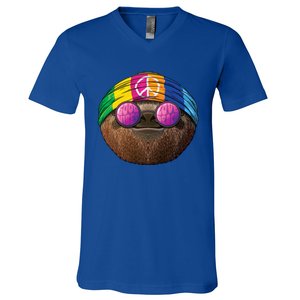 Hippie Sloth Love Peace Sign 70s Hippie Tropical Animal Meaningful Gift V-Neck T-Shirt