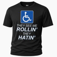 Hey See Me Rollin Hey Hain Funny Wheelchair Graphic Cooling Performance Crew T-Shirt