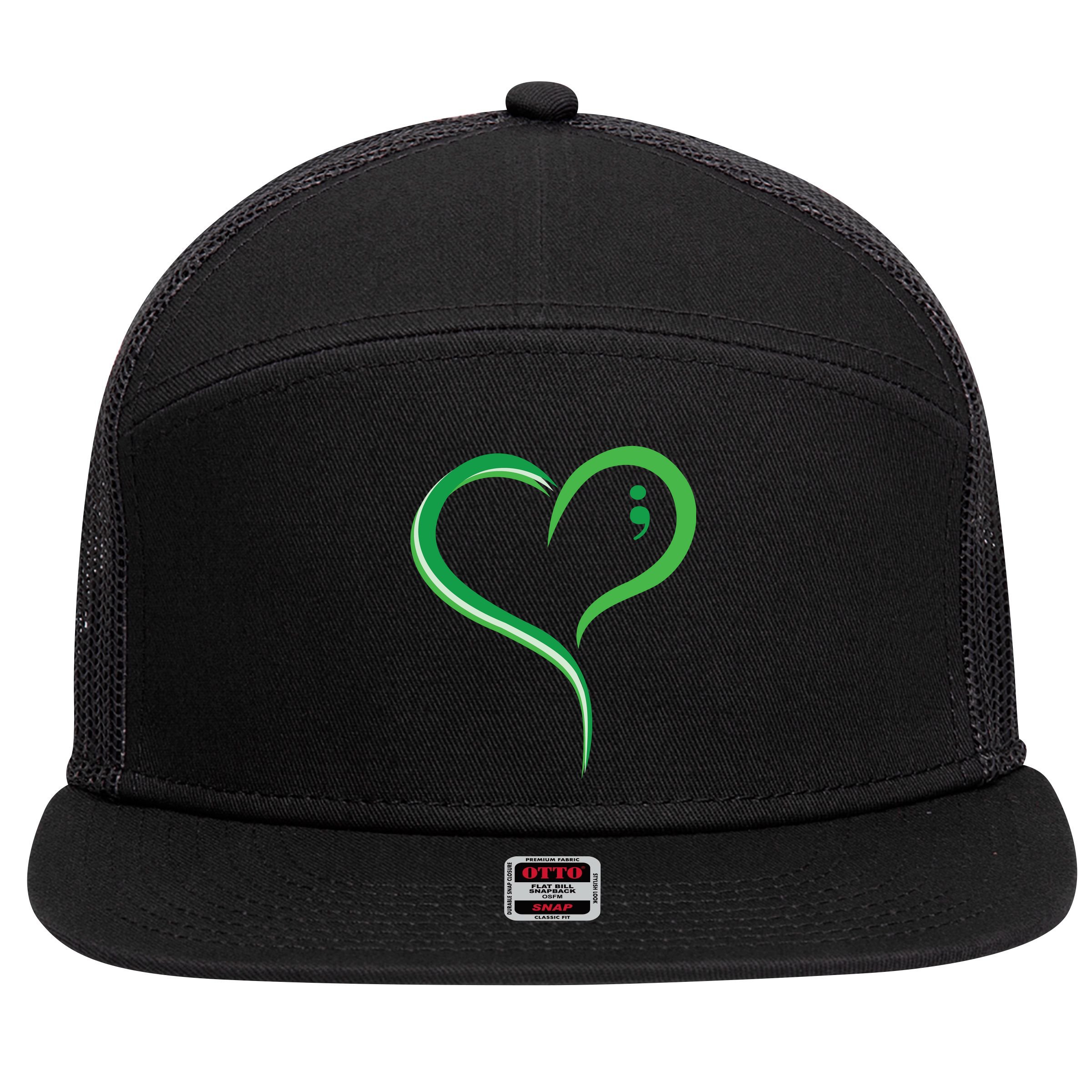 Heart Semicolon Mental Health Awareness 7 Panel Mesh Trucker Snapback Hat