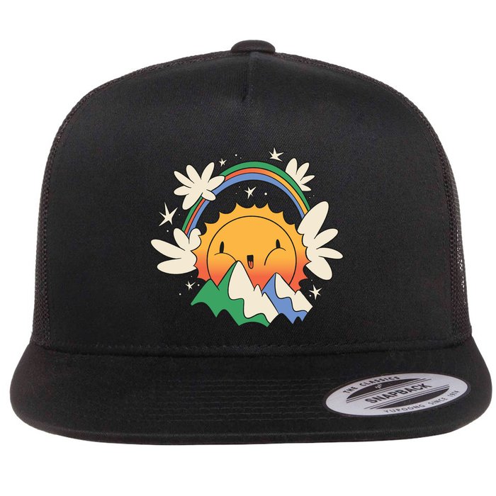Happy Sun Mountain Rainbow Flat Bill Trucker Hat