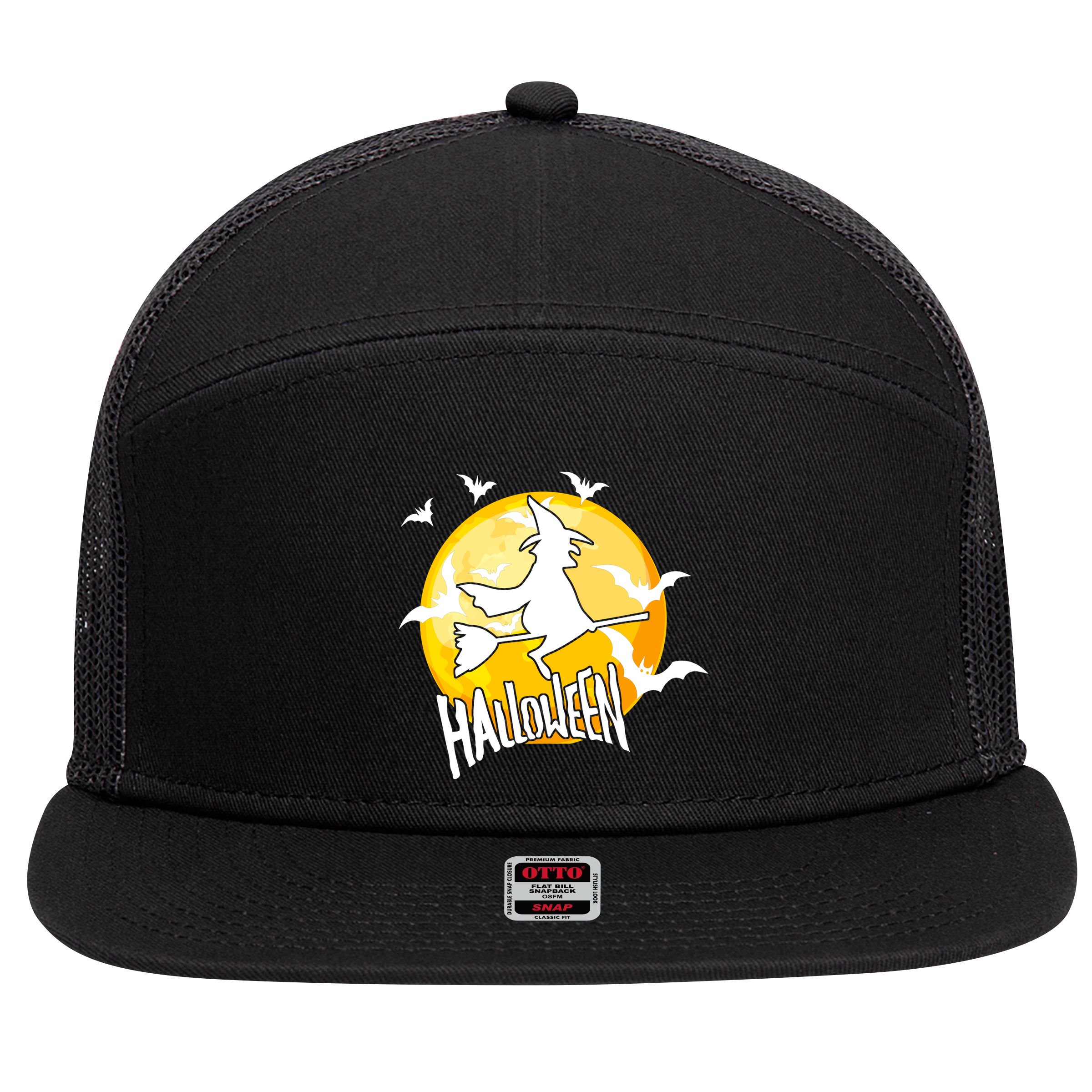 Halloween Spooky Moon Flying Witch 7 Panel Mesh Trucker Snapback Hat