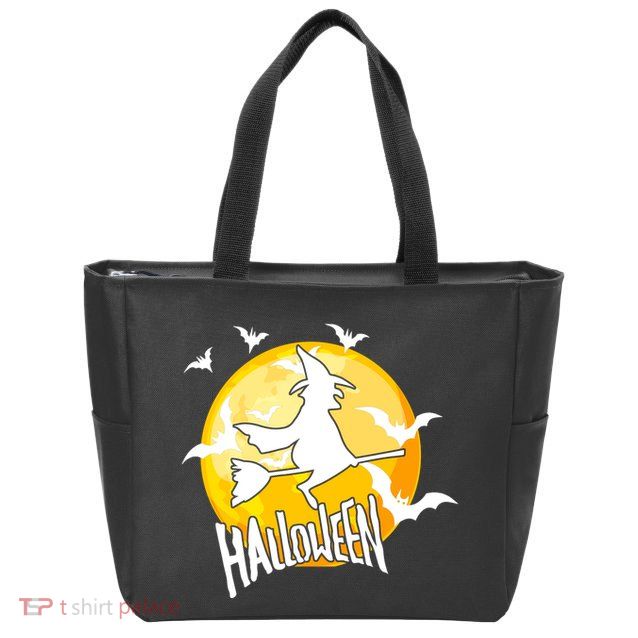 Halloween Spooky Moon Flying Witch Zip Tote Bag