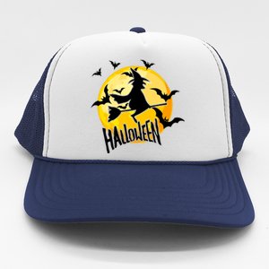 Halloween Spooky Moon Flying Witch Trucker Hat