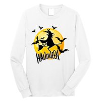 Halloween Spooky Moon Flying Witch Long Sleeve Shirt