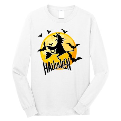 Halloween Spooky Moon Flying Witch Long Sleeve Shirt