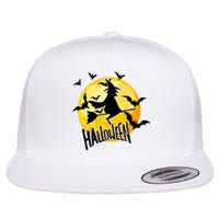 Halloween Spooky Moon Flying Witch Flat Bill Trucker Hat