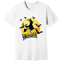 Halloween Spooky Moon Flying Witch Premium T-Shirt