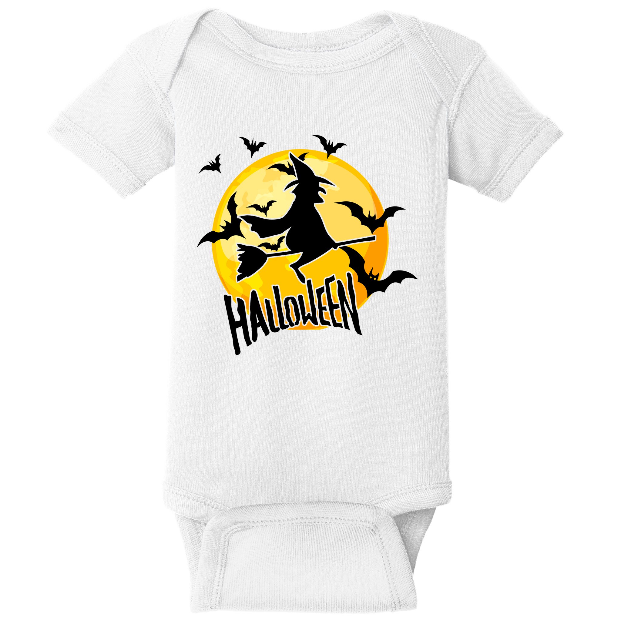 Halloween Spooky Moon Flying Witch Baby Bodysuit