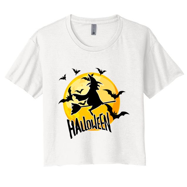 Halloween Spooky Moon Flying Witch Crop Top