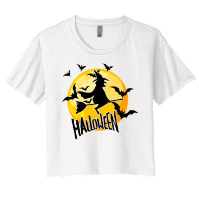 Halloween Spooky Moon Flying Witch Women's Crop Top Tee