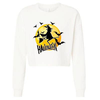Halloween Spooky Moon Flying Witch Cropped Pullover Crew
