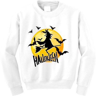Halloween Spooky Moon Flying Witch Kids Sweatshirt