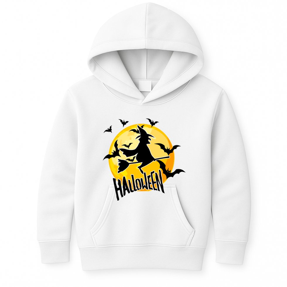 Halloween Spooky Moon Flying Witch Kids Hoodie