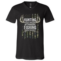 Hunting Solves Most Of My Problems Fishing The Rest Funny V-Neck T-Shirt