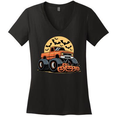 Halloween Shirts Monster Truck Pumpkins Women's V-Neck T-Shirt