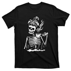 Halloween Skeleton Messy Bun Coffee Funny Costume Mom T-Shirt