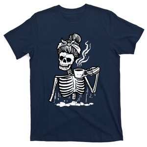 Halloween Skeleton Messy Bun Coffee Funny Costume Mom Women T-Shirt