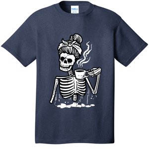 Halloween Skeleton Messy Bun Coffee Funny Costume Mom T-Shirt