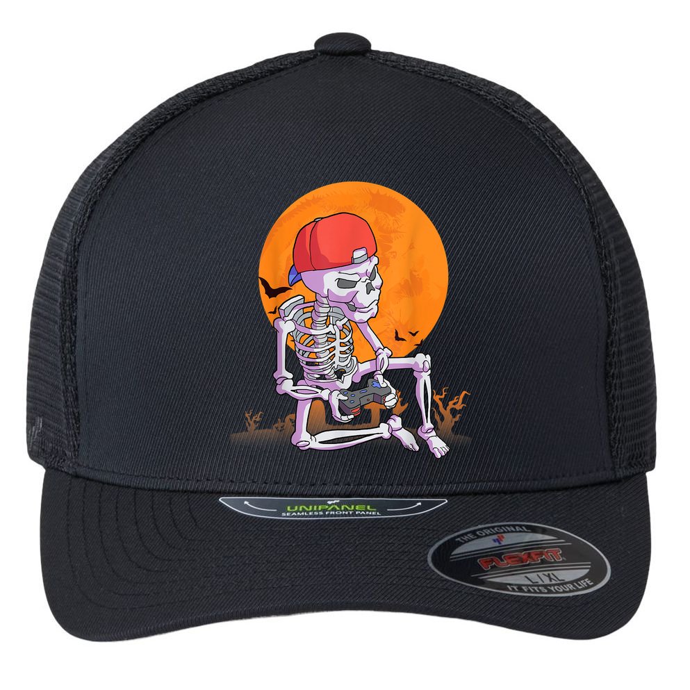 Halloween Shirt Men Boys Gamer Gaming Skeleton Flexfit Unipanel Trucker Cap