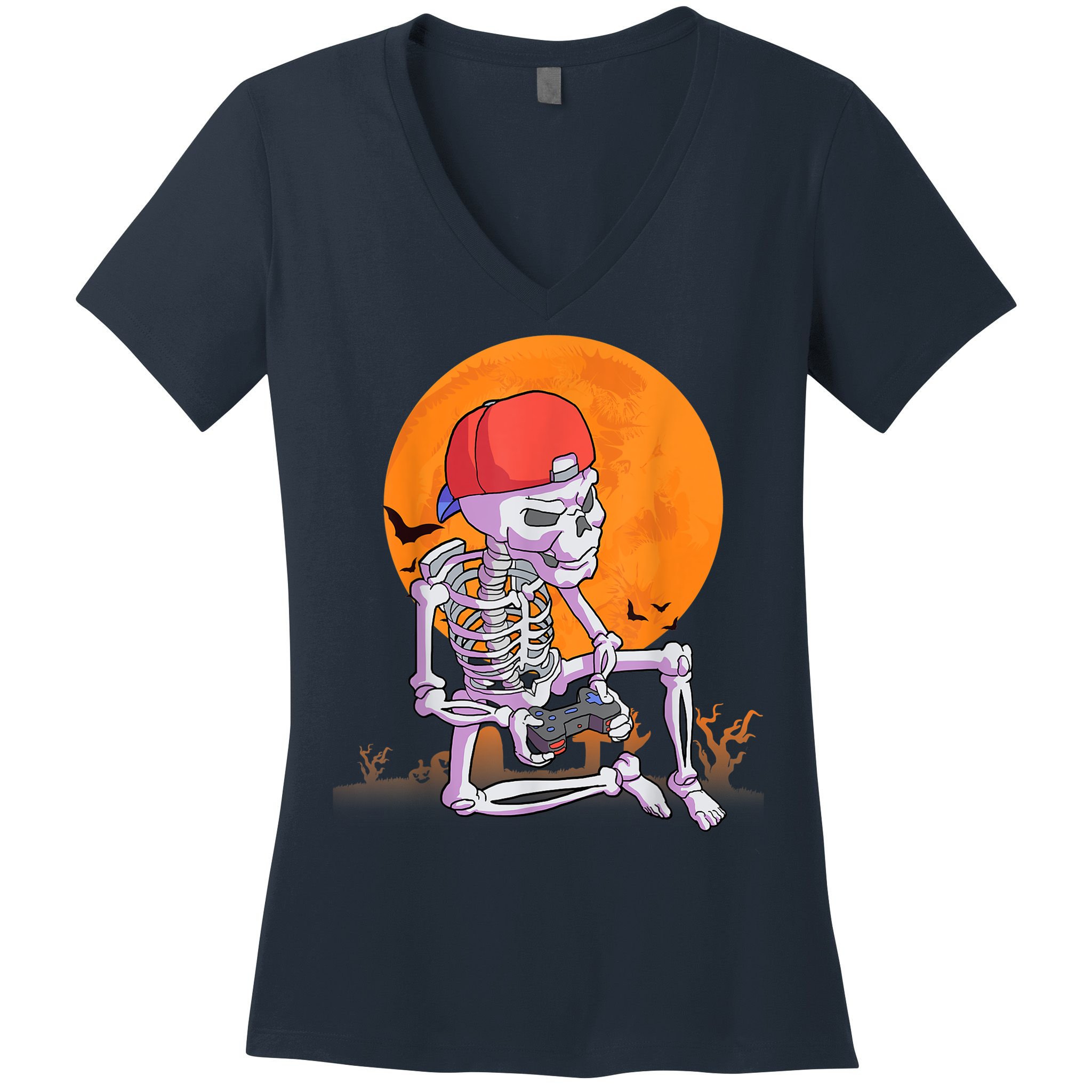 Halloween Shirt Men Boys Gamer Gaming Skeleton Women's V-Neck T-Shirt