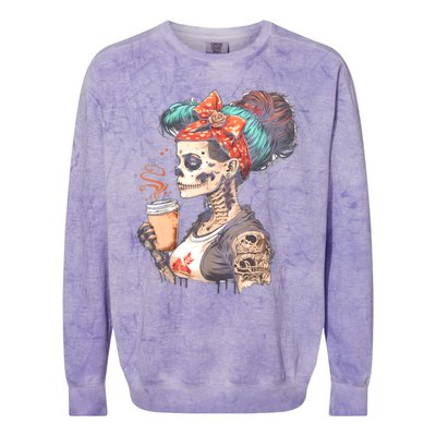 Halloween Skeleton Messy Bun Coffee Funny Costume Mom Colorblast Crewneck Sweatshirt