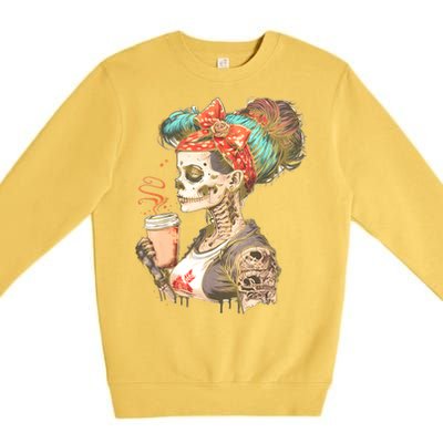 Halloween Skeleton Messy Bun Coffee Funny Costume Mom Premium Crewneck Sweatshirt