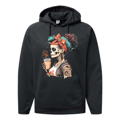 Halloween Skeleton Messy Bun Coffee Funny Costume Mom Performance Fleece Hoodie