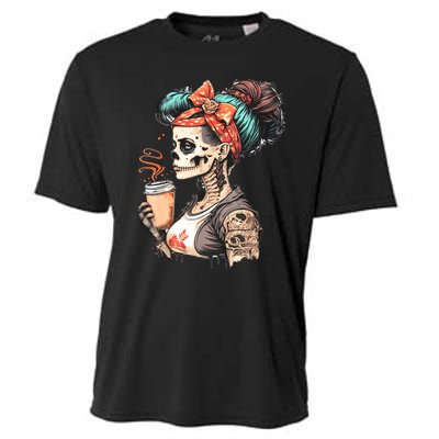 Halloween Skeleton Messy Bun Coffee Funny Costume Mom Cooling Performance Crew T-Shirt