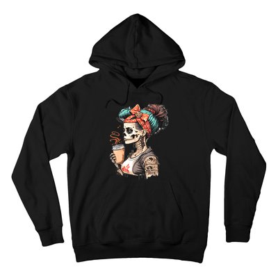 Halloween Skeleton Messy Bun Coffee Funny Costume Mom Hoodie