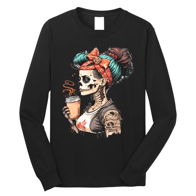 Halloween Skeleton Messy Bun Coffee Funny Costume Mom Long Sleeve Shirt