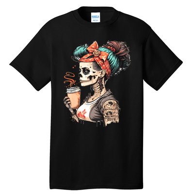 Halloween Skeleton Messy Bun Coffee Funny Costume Mom Tall T-Shirt