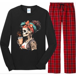 Halloween Skeleton Messy Bun Coffee Funny Costume Mom Long Sleeve Pajama Set