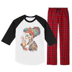 Halloween Skeleton Messy Bun Coffee Funny Costume Mom Raglan Sleeve Pajama Set