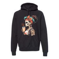 Halloween Skeleton Messy Bun Coffee Funny Costume Mom Premium Hoodie