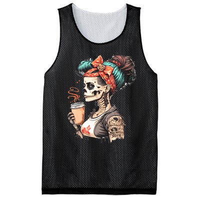 Halloween Skeleton Messy Bun Coffee Funny Costume Mom Mesh Reversible Basketball Jersey Tank