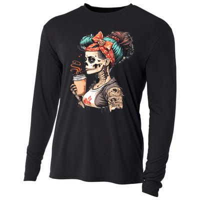 Halloween Skeleton Messy Bun Coffee Funny Costume Mom Cooling Performance Long Sleeve Crew