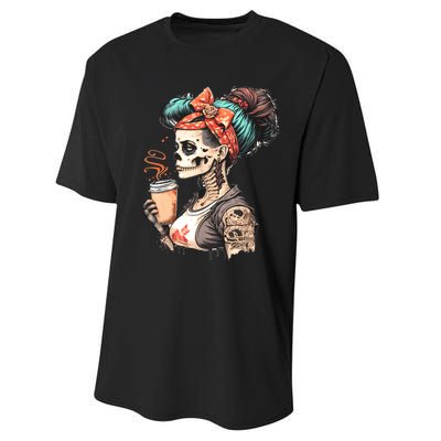 Halloween Skeleton Messy Bun Coffee Funny Costume Mom Performance Sprint T-Shirt