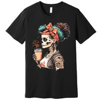 Halloween Skeleton Messy Bun Coffee Funny Costume Mom Premium T-Shirt