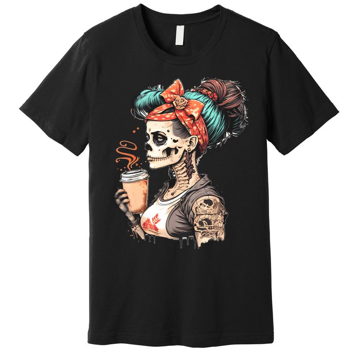 Halloween Skeleton Messy Bun Coffee Funny Costume Mom Premium T-Shirt