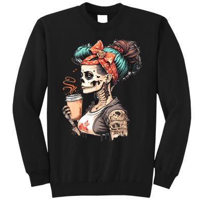 Halloween Skeleton Messy Bun Coffee Funny Costume Mom Tall Sweatshirt