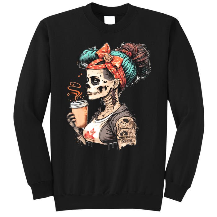 Halloween Skeleton Messy Bun Coffee Funny Costume Mom Tall Sweatshirt