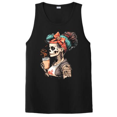 Halloween Skeleton Messy Bun Coffee Funny Costume Mom PosiCharge Competitor Tank