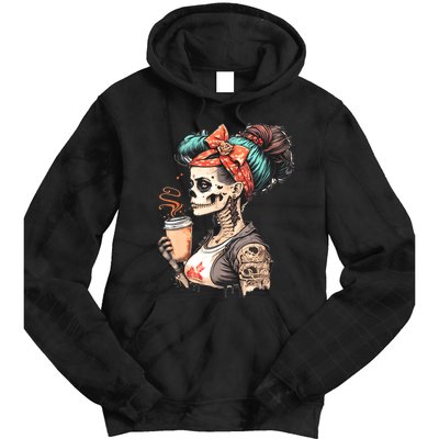 Halloween Skeleton Messy Bun Coffee Funny Costume Mom Tie Dye Hoodie