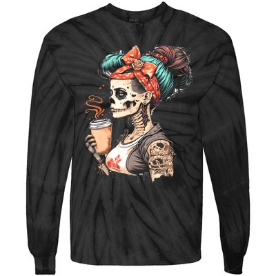 Halloween Skeleton Messy Bun Coffee Funny Costume Mom Tie-Dye Long Sleeve Shirt