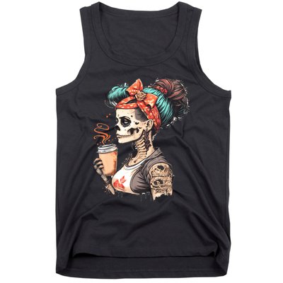 Halloween Skeleton Messy Bun Coffee Funny Costume Mom Tank Top