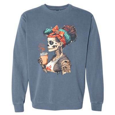 Halloween Skeleton Messy Bun Coffee Funny Costume Mom Garment-Dyed Sweatshirt